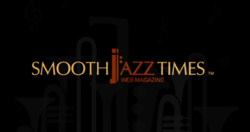 Logo of smooth jazz times web magazine, surrounded by stylized musical symbols on a dark background.