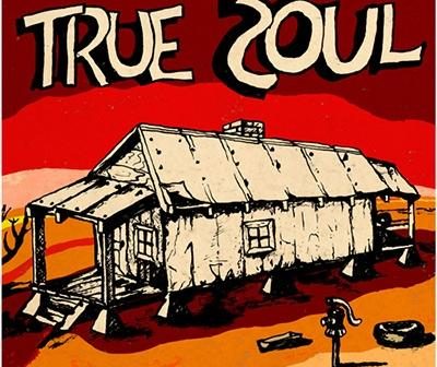 An illustration featuring a stylized black and white drawing of a house with the words "True Soul" above it, set against a red and orange background.
