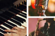 A collage representing a jazz festival, featuring a piano, vintage microphone, and a saxophone player.