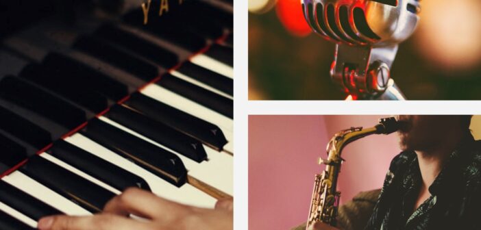 A collage representing a jazz festival, featuring a piano, vintage microphone, and a saxophone player.